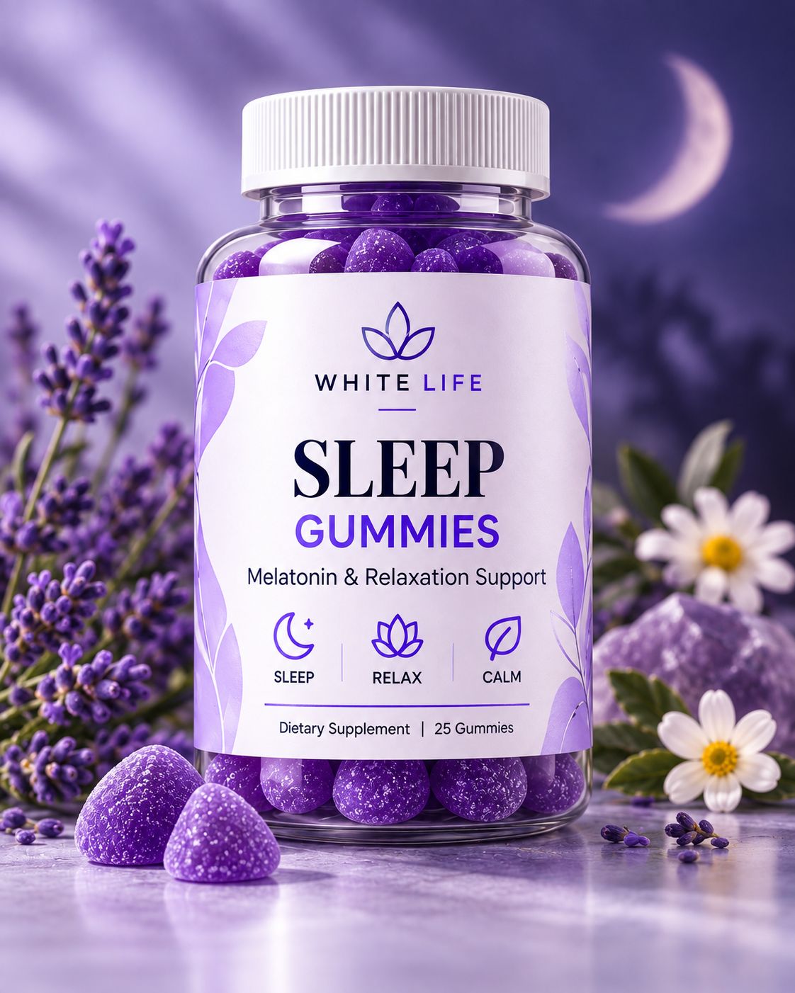 White Life Sleep Gummies bottle with purple gummies and lavender