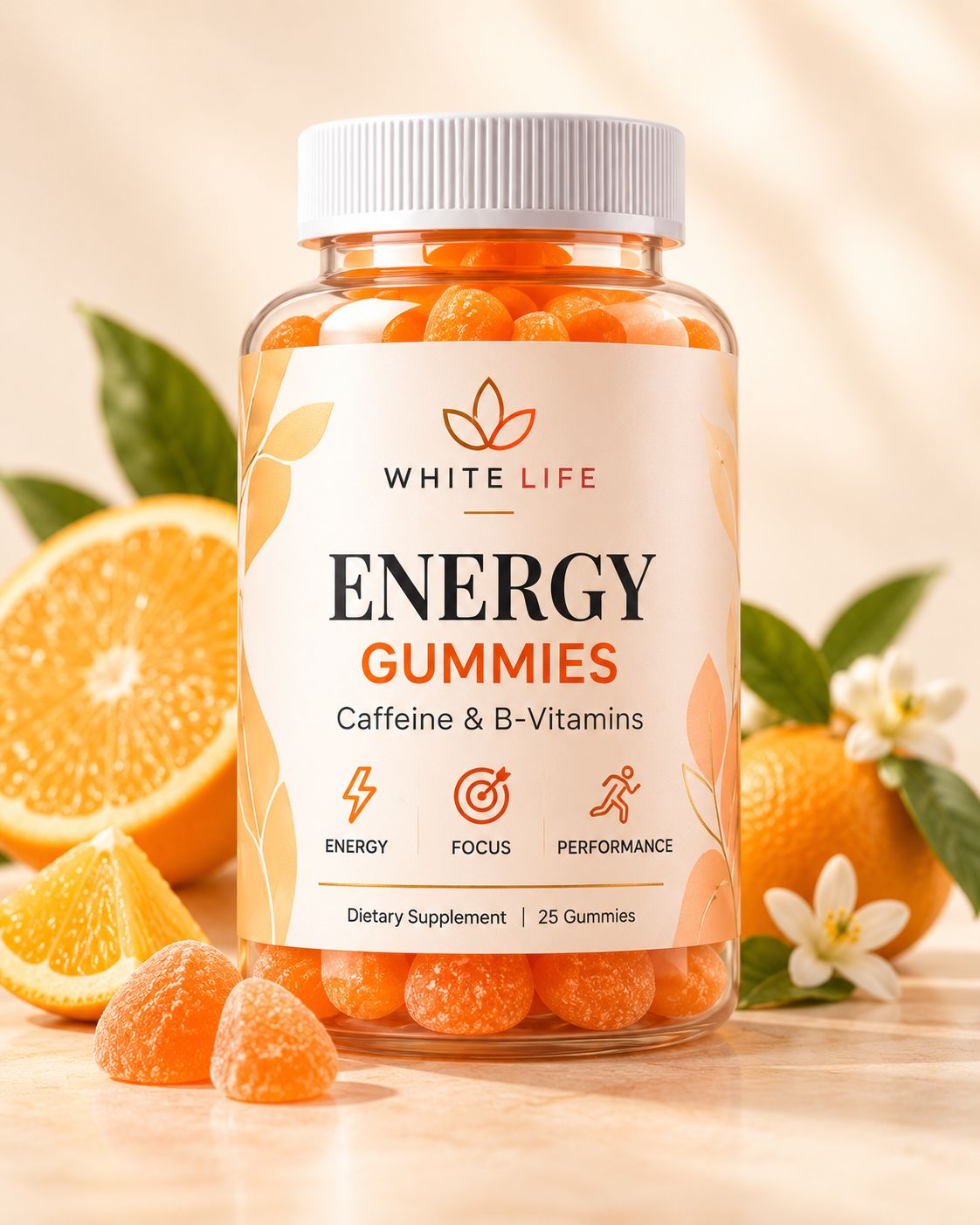 White Life Energy Gummies bottle with orange gummies and citrus